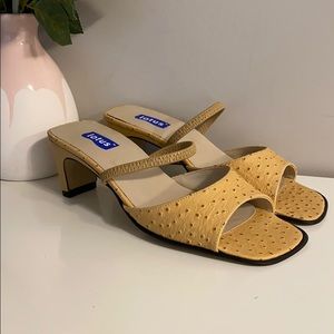 Lotus Yellow Ostrich Print Heeled Sandals